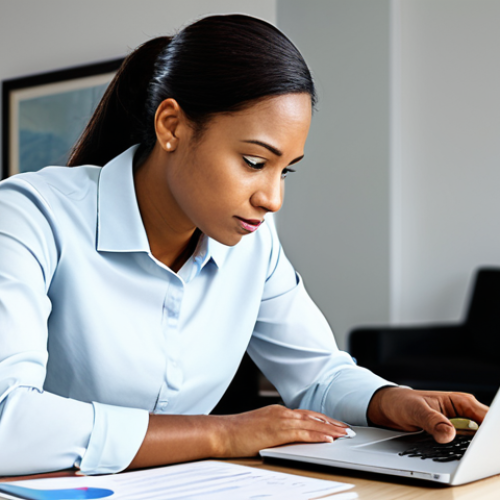 Home 4 A focused individual, fully clothed in modest business attire, sits attentively at a modern desk in a well-lit home office. They are intently reviewing financial documents, with an open laptop and a neat notebook beside them, suggesting strategic planning and organization. The subject's expression is one of calm determination and clarity. The background is clean and professional, emphasizing financial discipline and a proactive approach to managing resources. safe for work, appropriate content, fully clothed, professional, perfect anatomy, correct proportions, natural pose, well-formed hands, proper finger count, natural body proportions, high-quality professional photography.
