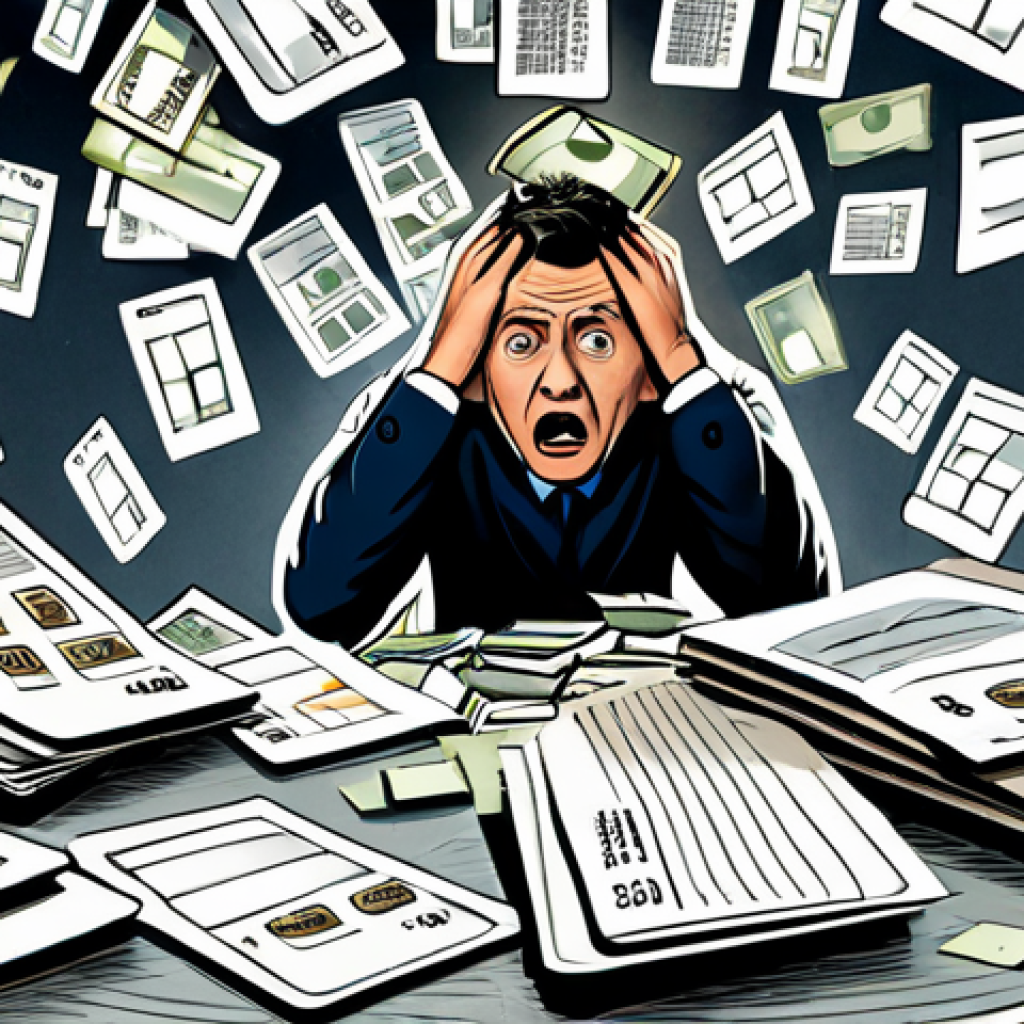부채 상환 우선순위 설정의 글로벌 사례 - Debt Avalanche**
A person looking overwhelmed, surrounded by credit card bills, loan statements, an...