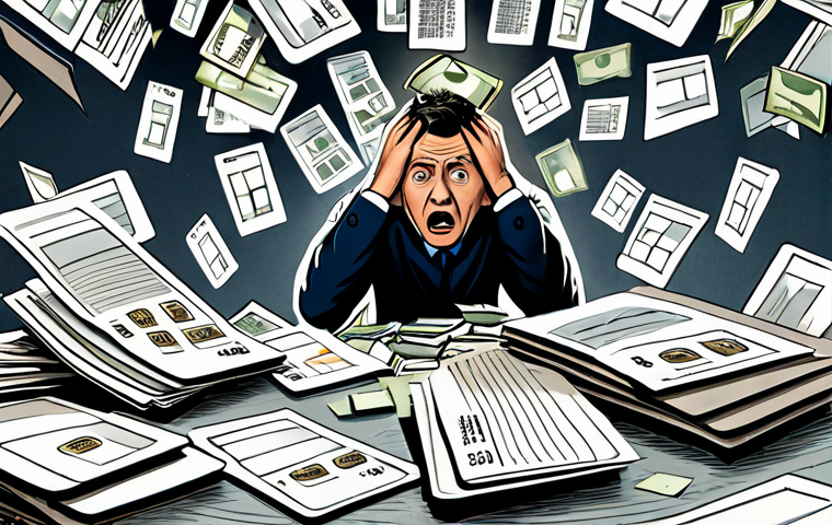부채 상환 우선순위 설정의 글로벌 사례 - Debt Avalanche**
A person looking overwhelmed, surrounded by credit card bills, loan statements, an...