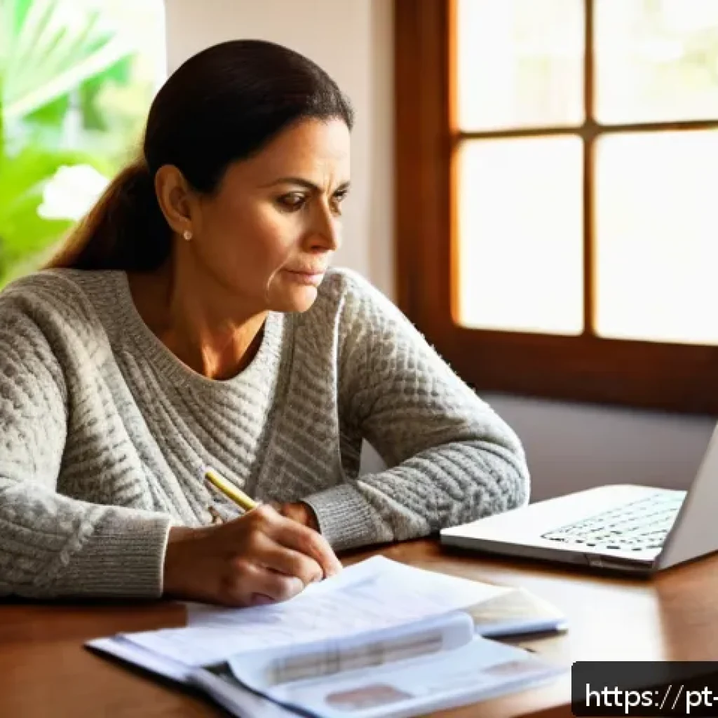 부채 상환 우선순위 설정을 통한 스트레스 감소 방법 - A Brazilian middle-aged woman sitting at a wooden desk in a cozy home office, surrounded by bills an...