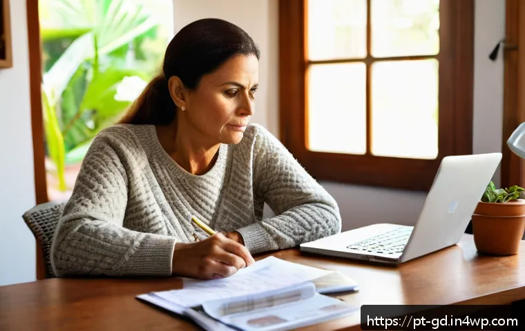 부채 상환 우선순위 설정을 통한 스트레스 감소 방법 - A Brazilian middle-aged woman sitting at a wooden desk in a cozy home office, surrounded by bills an...